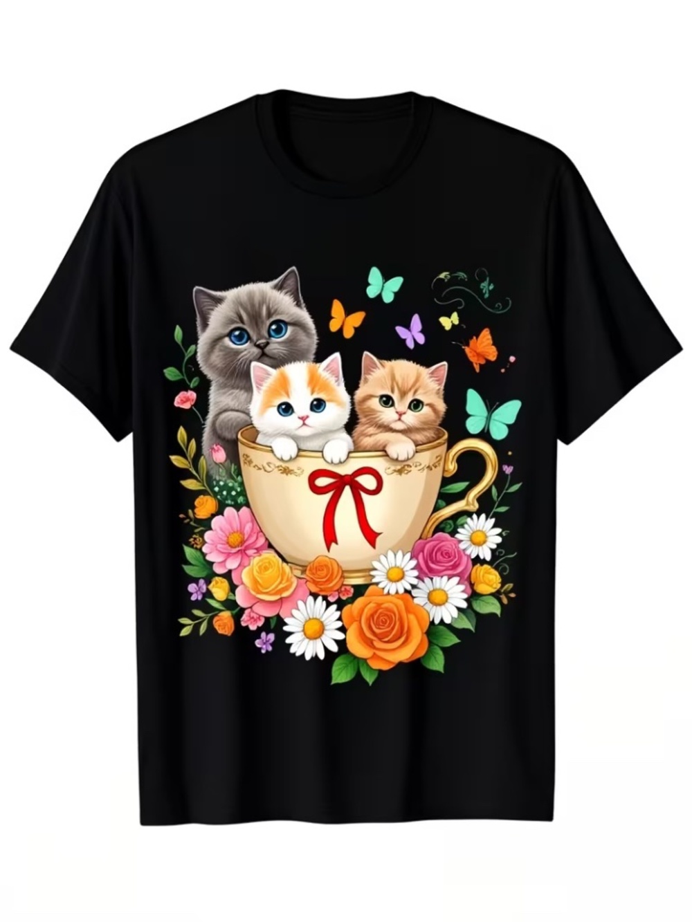 Cute Cats in Teacup Flowers & Butterflies Black T-Shirt XXXL